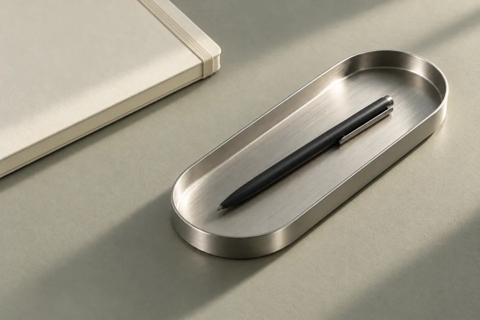 Le même Plateau 01 avec un stylo, à côté d’un carnet, accessoires non inclus
