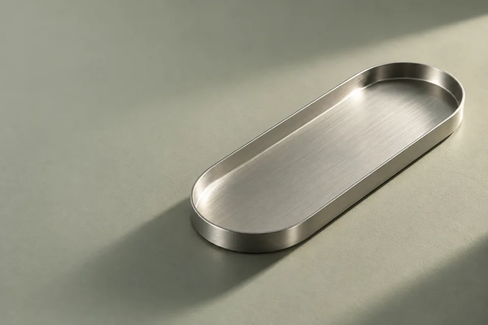 Le Plateau 01 argent satiné et son ombre sur fond sauge