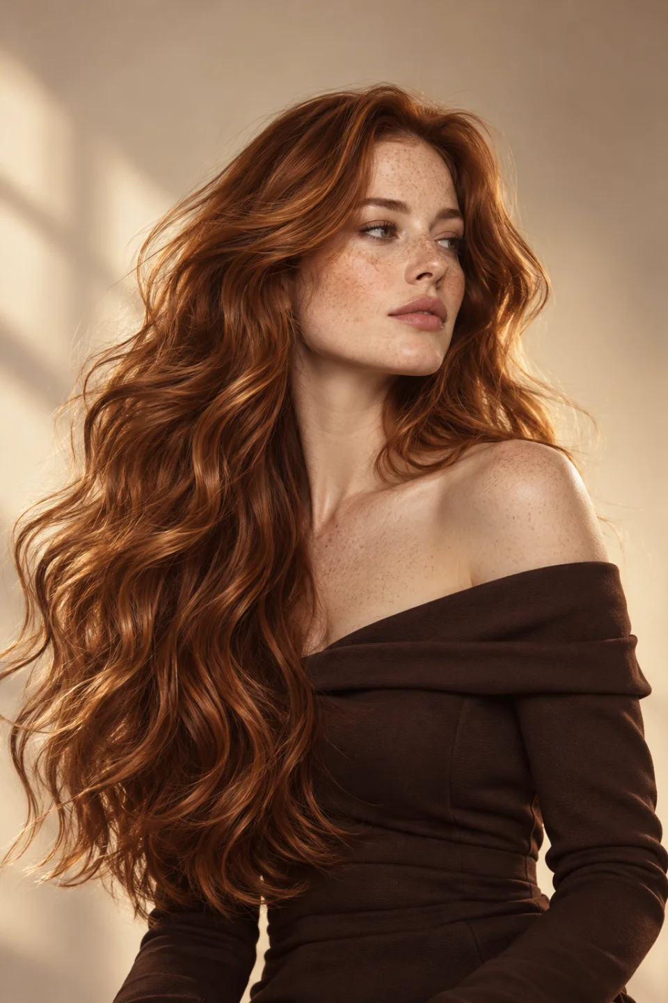 Inspiration coiffure : longues ondulations cuivrées dans une lumière champagne