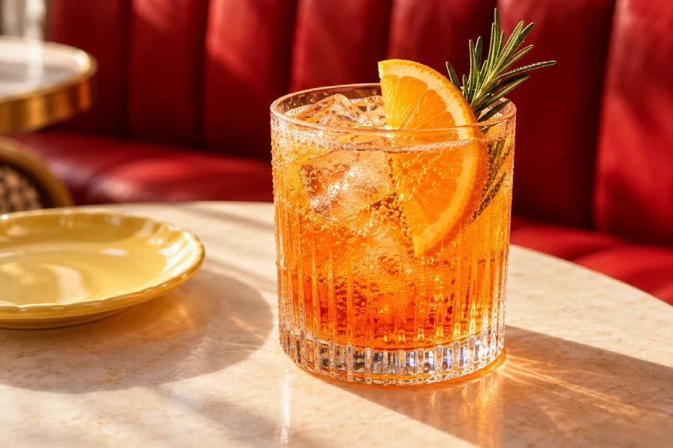 Spritz sans alcool à l’orange et au romarin dans un verre strié