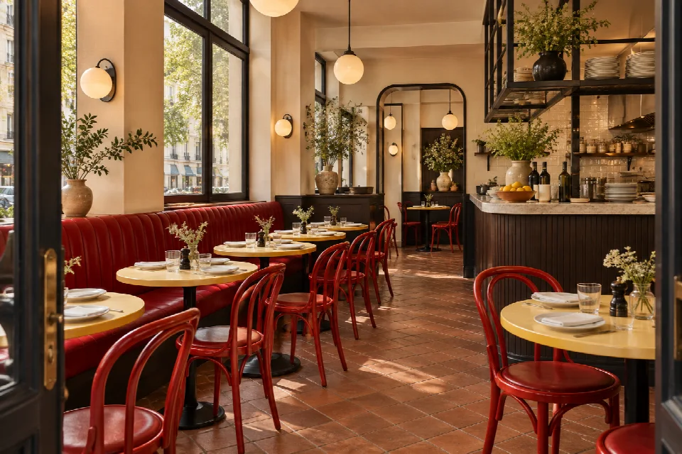 Scénographie du bistrot fictif MIJO : banquette rouge, tables jaunes et lumière de fin de journée