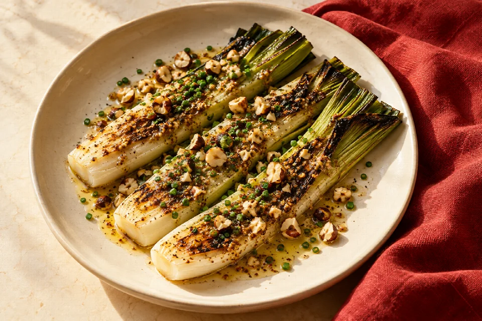 Poireaux grillés, vinaigrette à la moutarde, noisettes et ciboulette